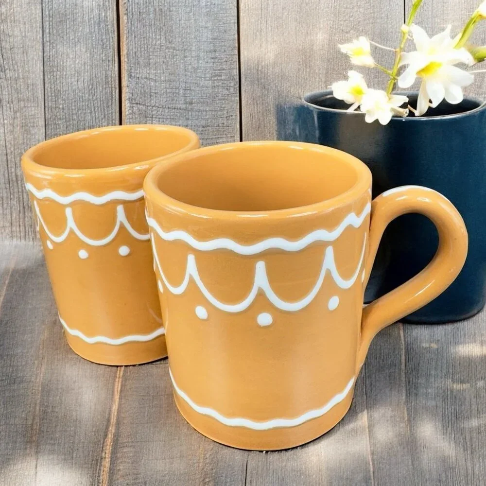 Pier 1 Coffee Mug Cup Brown Gingerbread White Swirl Mug Hand Painted Italy 2Cups